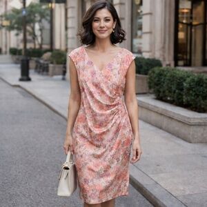Adrianna Papell Floral Jacquard Sheath Dress | Pink Coral Draped V-Neck Cocktail